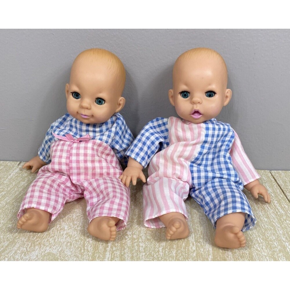 Vintage 1995 T.T. 8" Twin Baby Dolls with Checkered Clothes